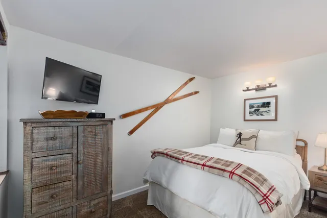 a bedroom with a bed and a flat screen tv