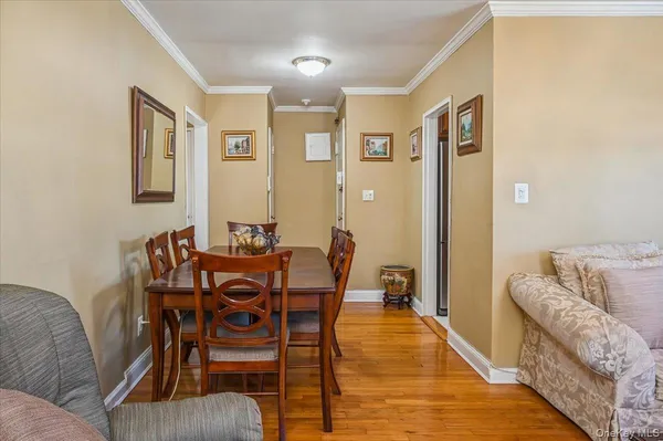 a view of a dining room with furniture