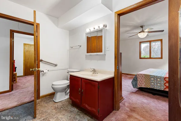 a bathroom with a toilet sink and mirror