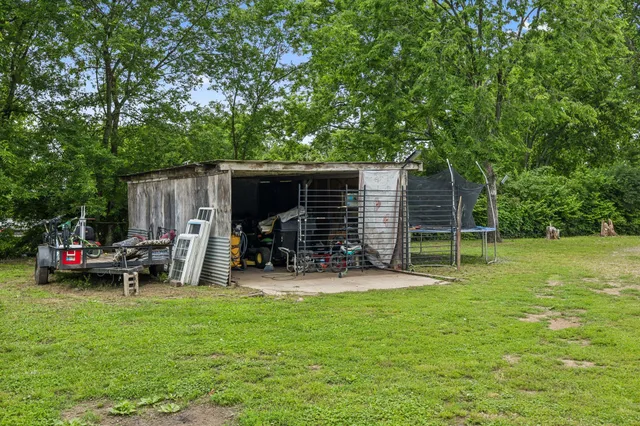 a view of a backyard with a slide and a large tree