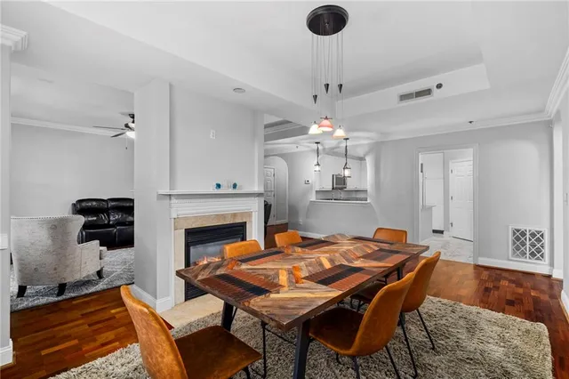 a outdoor space with furniture and a fireplace