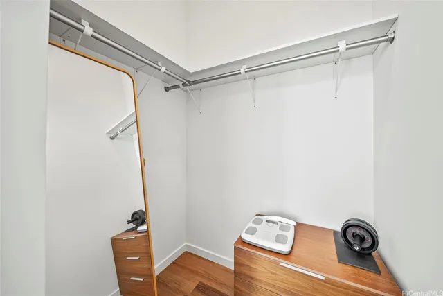 a view of a small space with racks on the wall