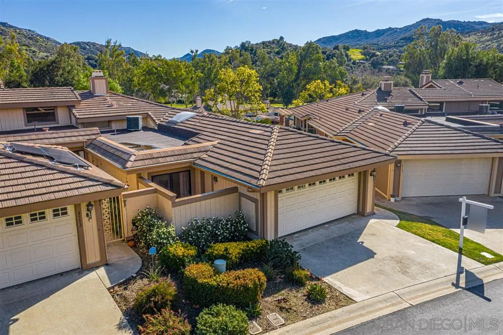 a aerial view of a house with a yard and potted plants