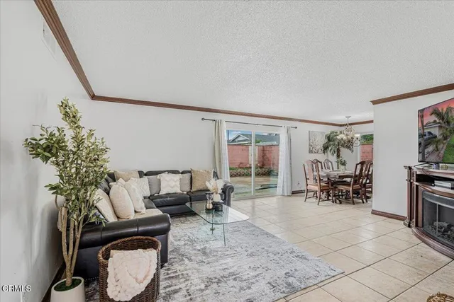 a living room with furniture and potted plants