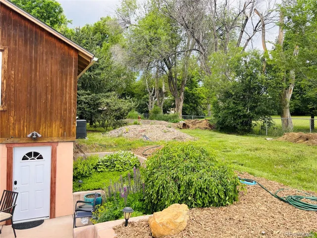 a view of a backyard with potted plants and large trees