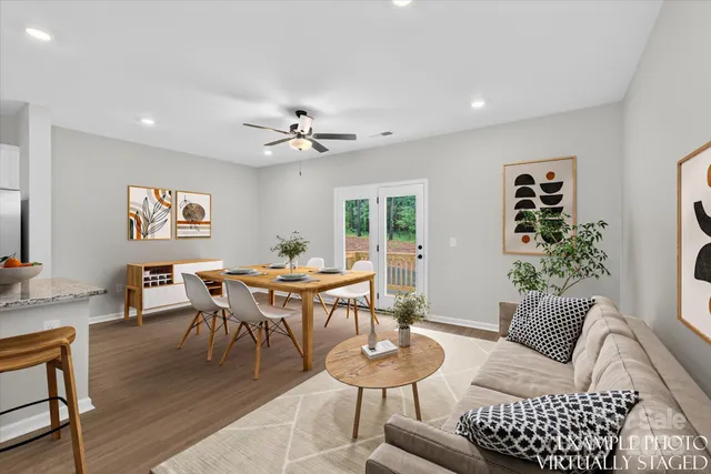 a view of a dining room with furniture