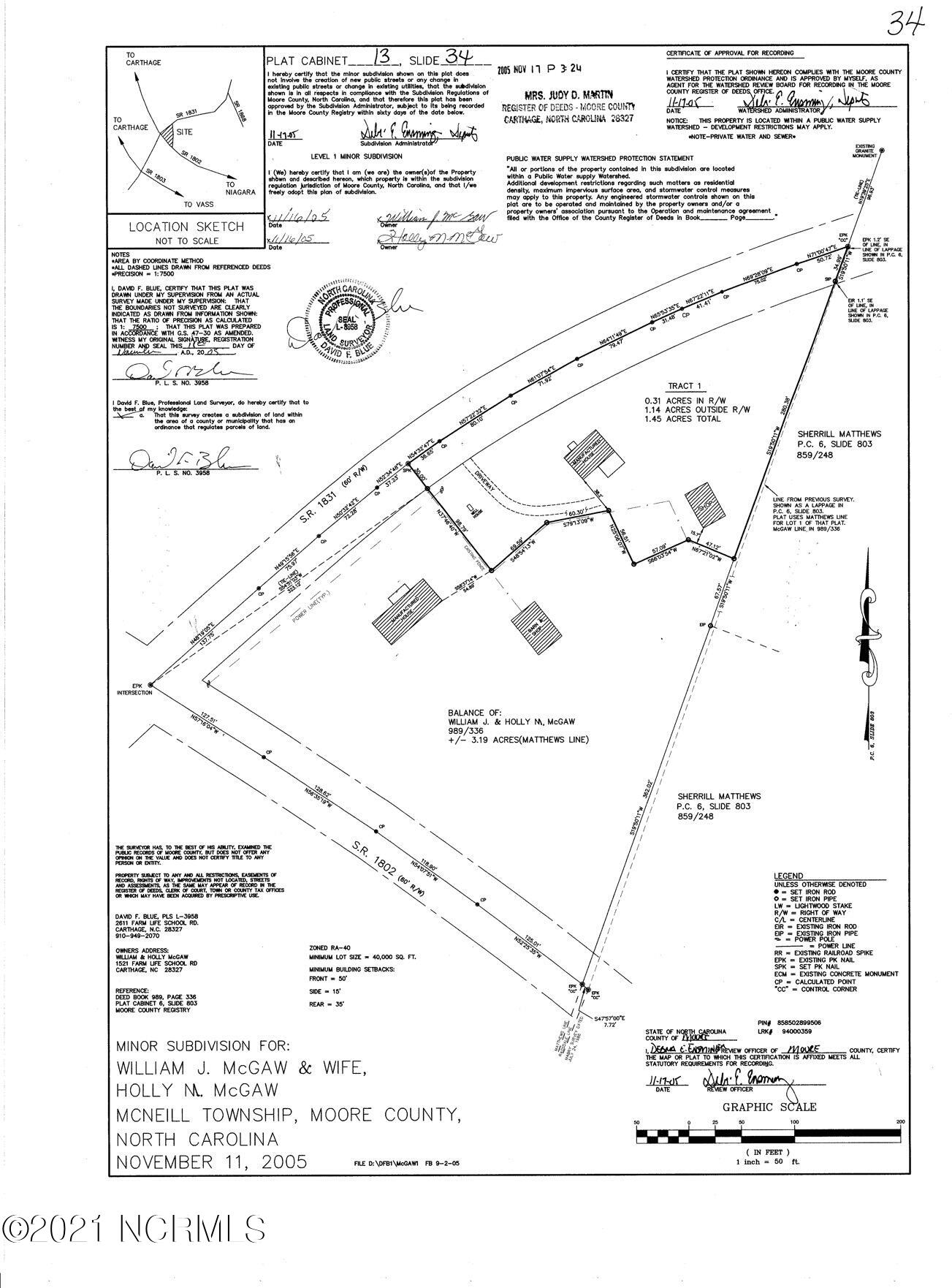 1477 Farm Life School Road Carthage, NC 28327 - Photo 6 of 32 0.31 acres in Right of Way, 1.14 acres outside RW, for a total of 1.45 acres...please note that Moore County GIS is INCORRECT.