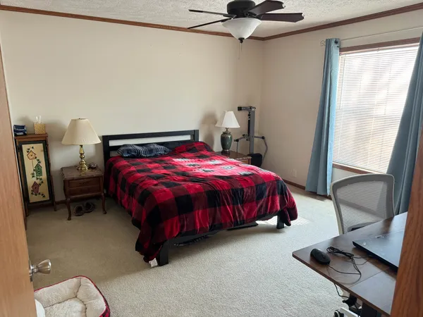 a bedroom with a bed and a window