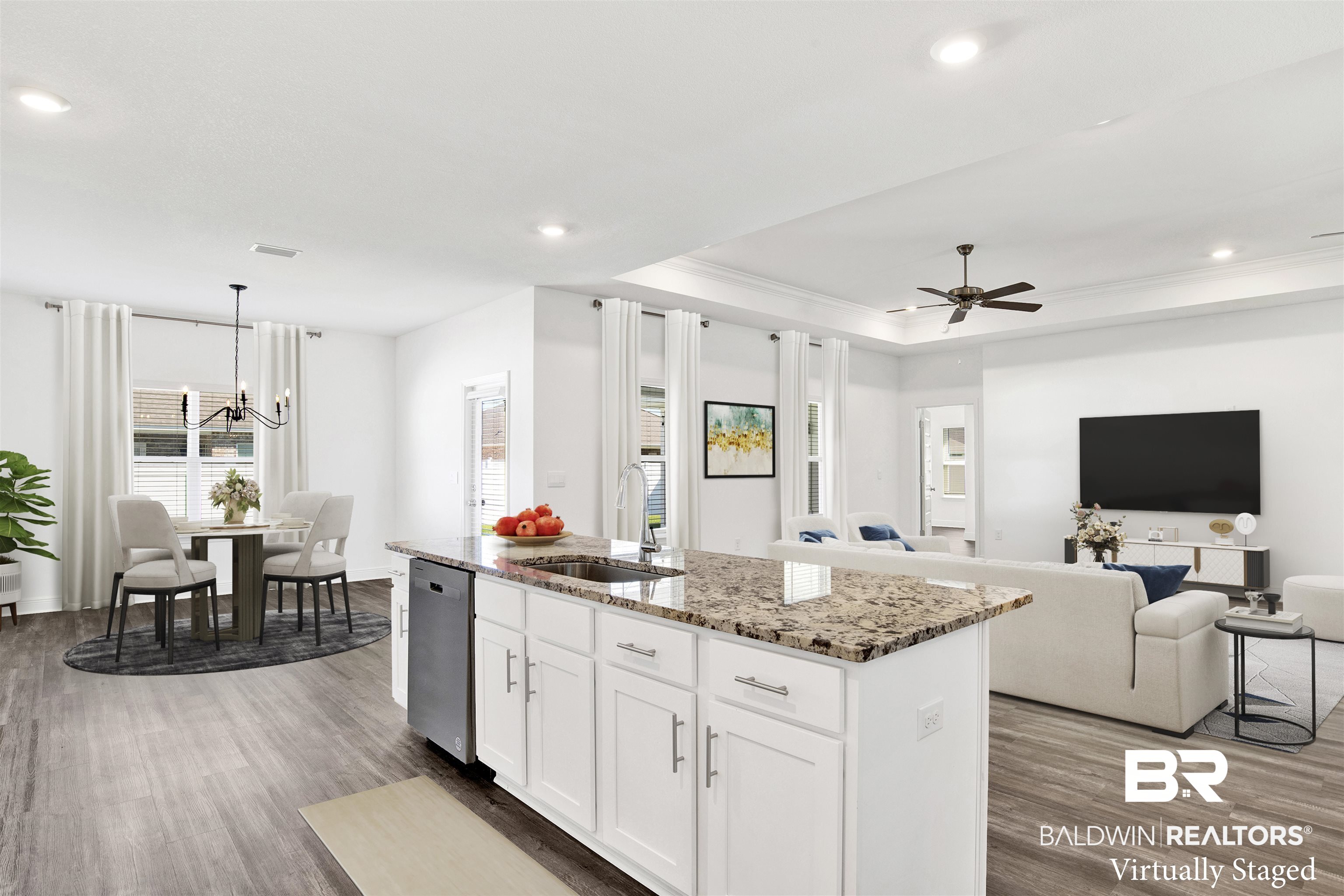 11602 Genuine Risk Circle Daphne, AL 36526 - Photo 29 of 30 Kitchen with open floor plan, white cabinetry, light stone countertops, a raised ceiling, and dark wood-style floors