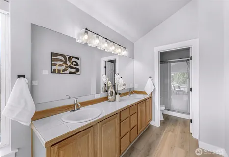 a bathroom with a granite countertop sink a mirror and a shower