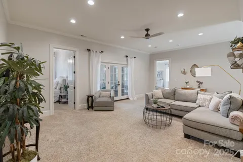 a living room with furniture and a potted plant