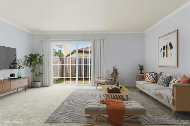 a view of a dining room with furniture