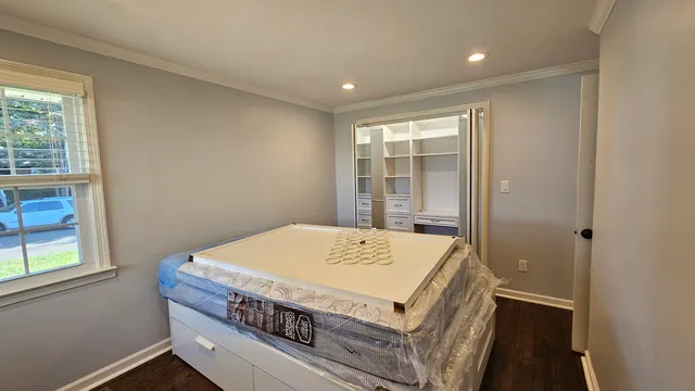 a bath room with a table