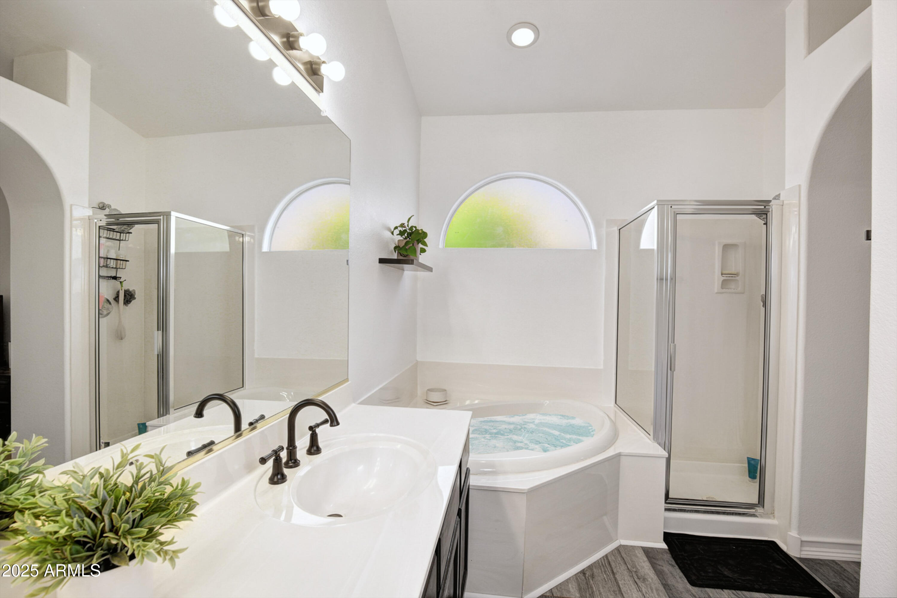 6458 East Raftriver Street Mesa, AZ 85215 - Photo 40 of 75 a bathroom with a granite countertop sink a mirror and shower