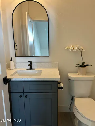 a bathroom with a sink mirror and toilet