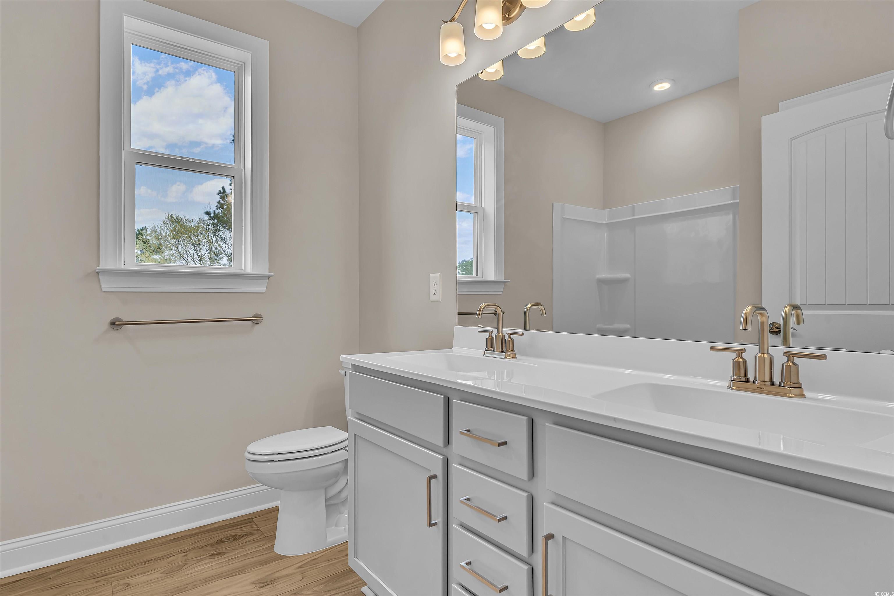 550 Beachside Circle Calabash, NC 28467 - Photo 29 of 39 Bathroom with vanity, toilet, walk in shower, and wood-type flooring