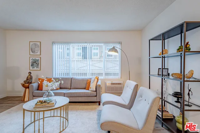 a living room with furniture a rug and a window