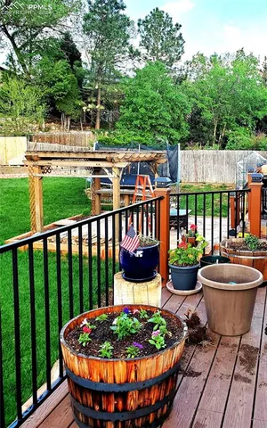 a view of a garden with a fountain