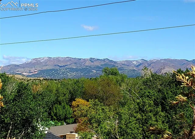 a view of a lush green field with mountains in the background