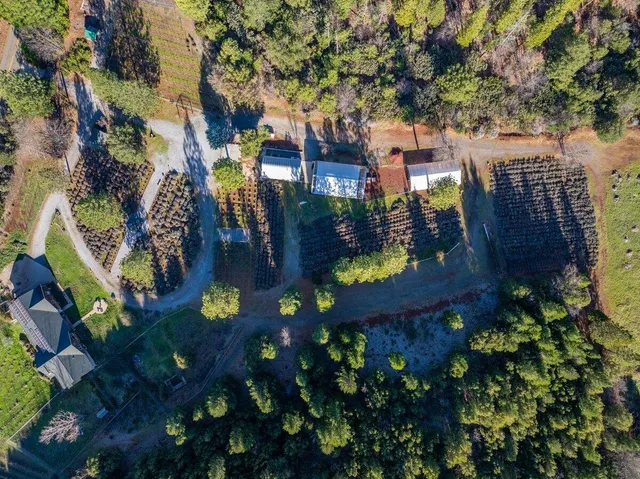 an aerial view of a house with a garden