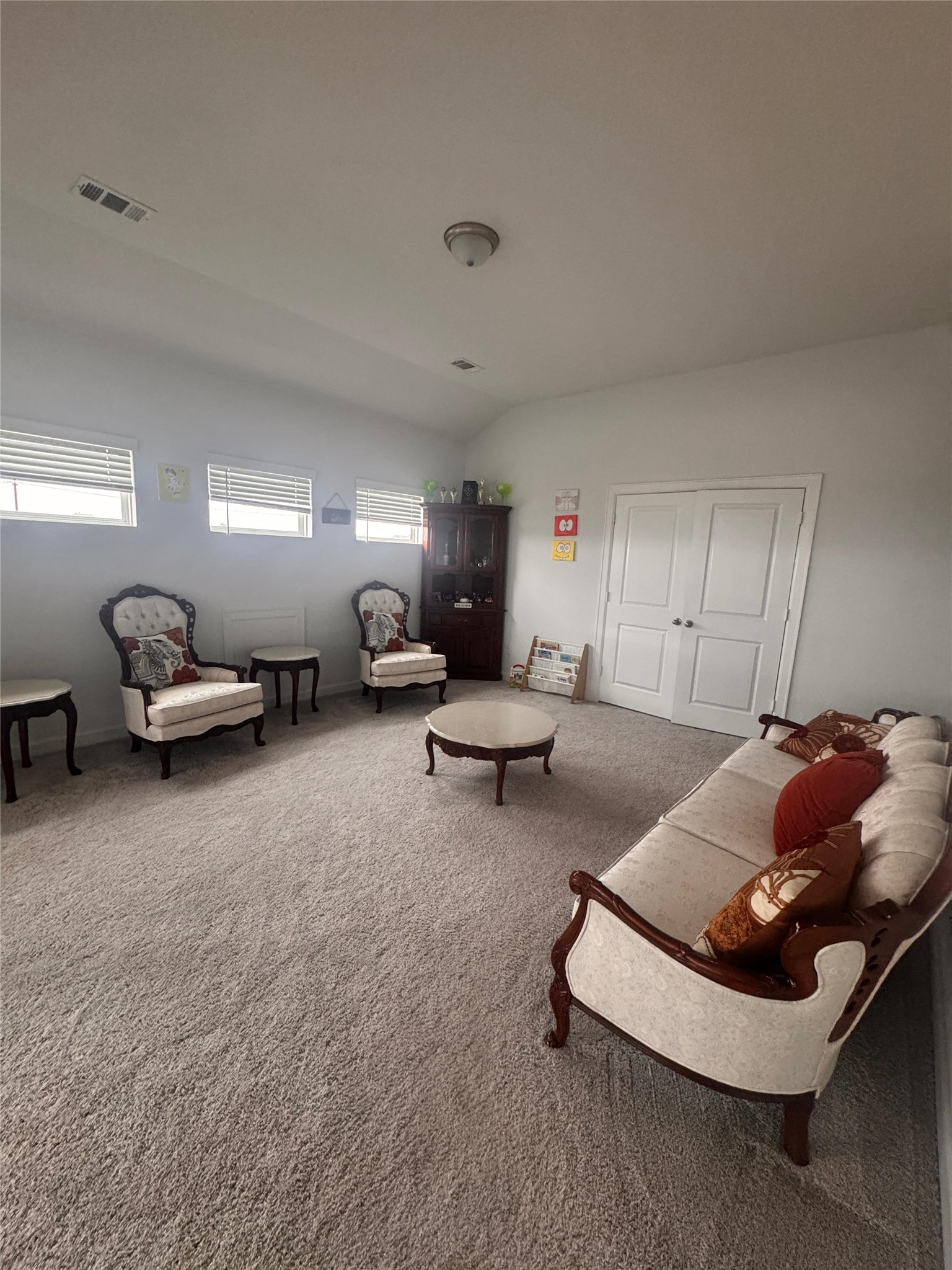 650 Wild Pecan Loop Buda, TX 78610 - Photo 15 of 28 Carpeted living room with plenty of natural light and vaulted ceiling