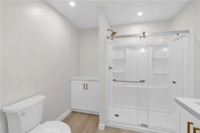 a bathroom with a shower and toilet