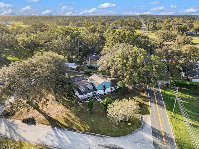 an aerial view of residential houses with outdoor space and trees