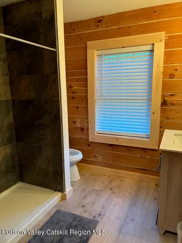a bathroom with a shower and toilet
