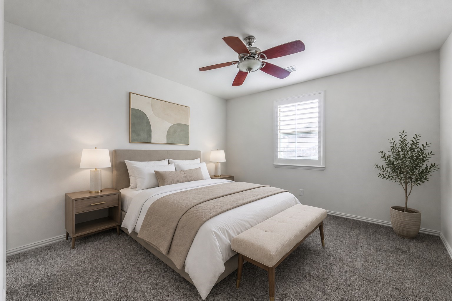 28602 Hoffman Spring Lane Fulshear, TX 77441 - Photo 36 of 50 Well-proportioned secondary bedroom features plush carpeting, a ceiling fan, and plantation shutters for a clean, comfortable setting. The layout easily accommodates full bedroom furnishings along with a desk or study area, and includes access to a private full bath.