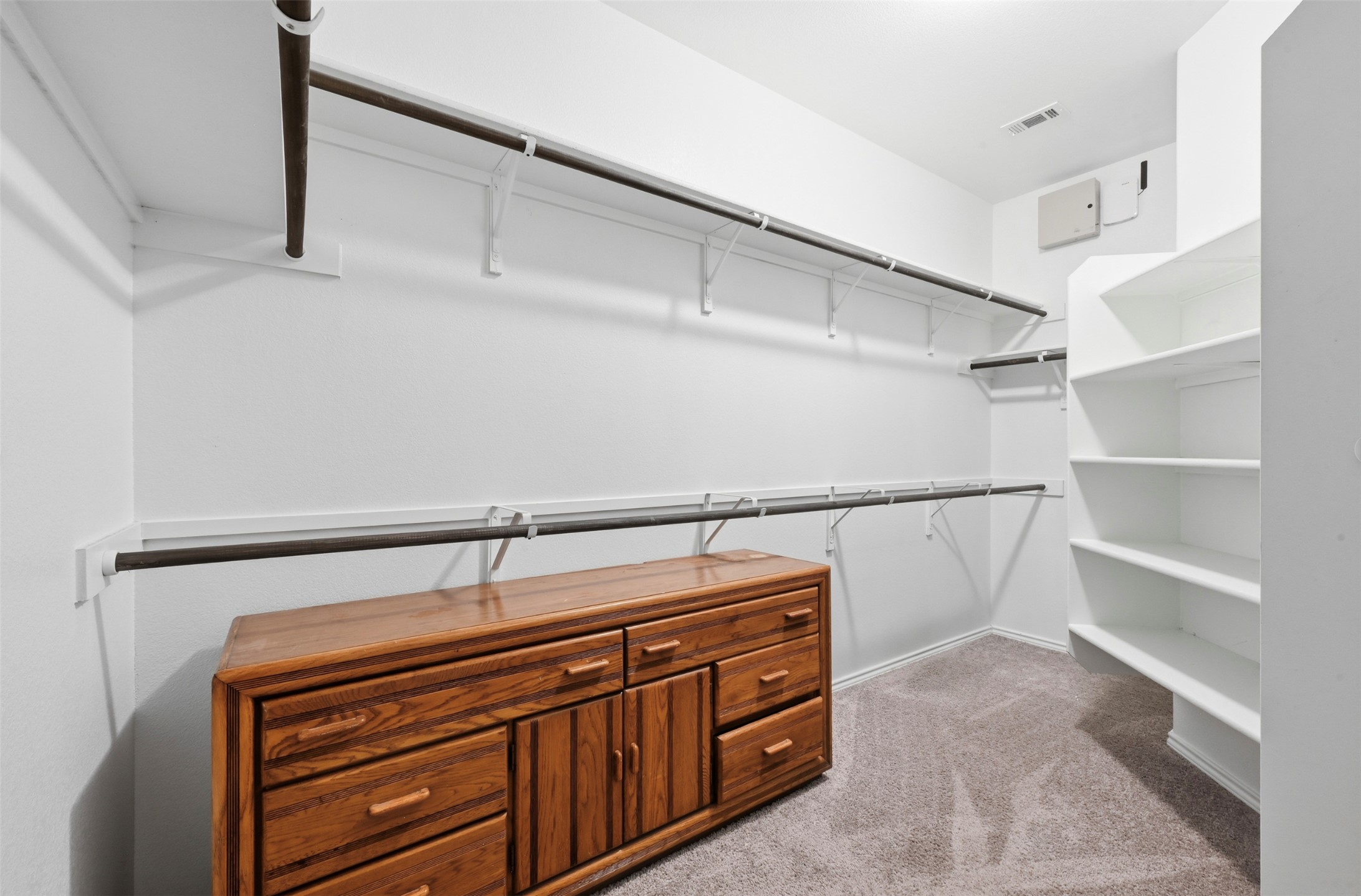 303 Limerick Road Buda, TX 78610 - Photo 14 of 23 Expansive closet featuring multiple hanging rods, built-in shelving, carpet flooring, and white painted walls
