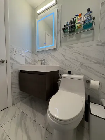 a bathroom with a toilet and a mirror
