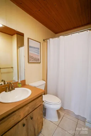 a bathroom with a sink a toilet a mirror and shower curtain