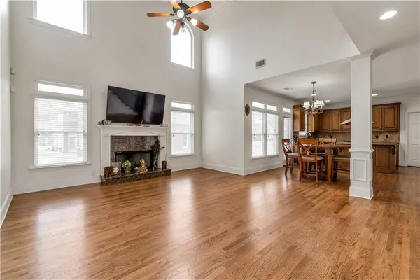 a view of a livingroom with furniture and a fireplace