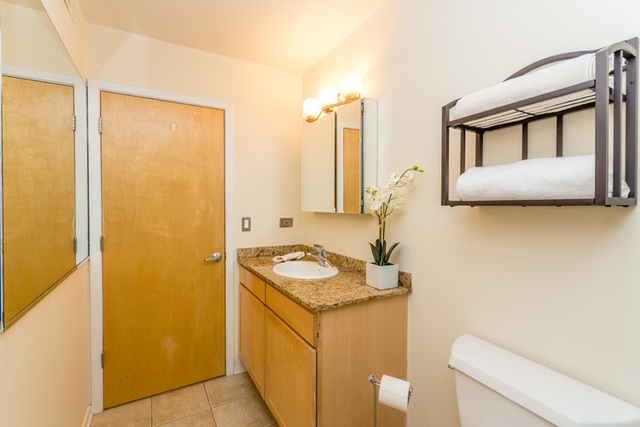 1500 West Monroe Street, Unit 715 Chicago, IL 60607 - Photo 13 of 26 a bathroom with a granite countertop sink and a mirror