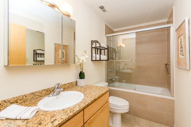 1500 West Monroe Street, Unit 715 Chicago, IL 60607 - Photo 14 of 26 a bathroom with a sink a toilet and shower
