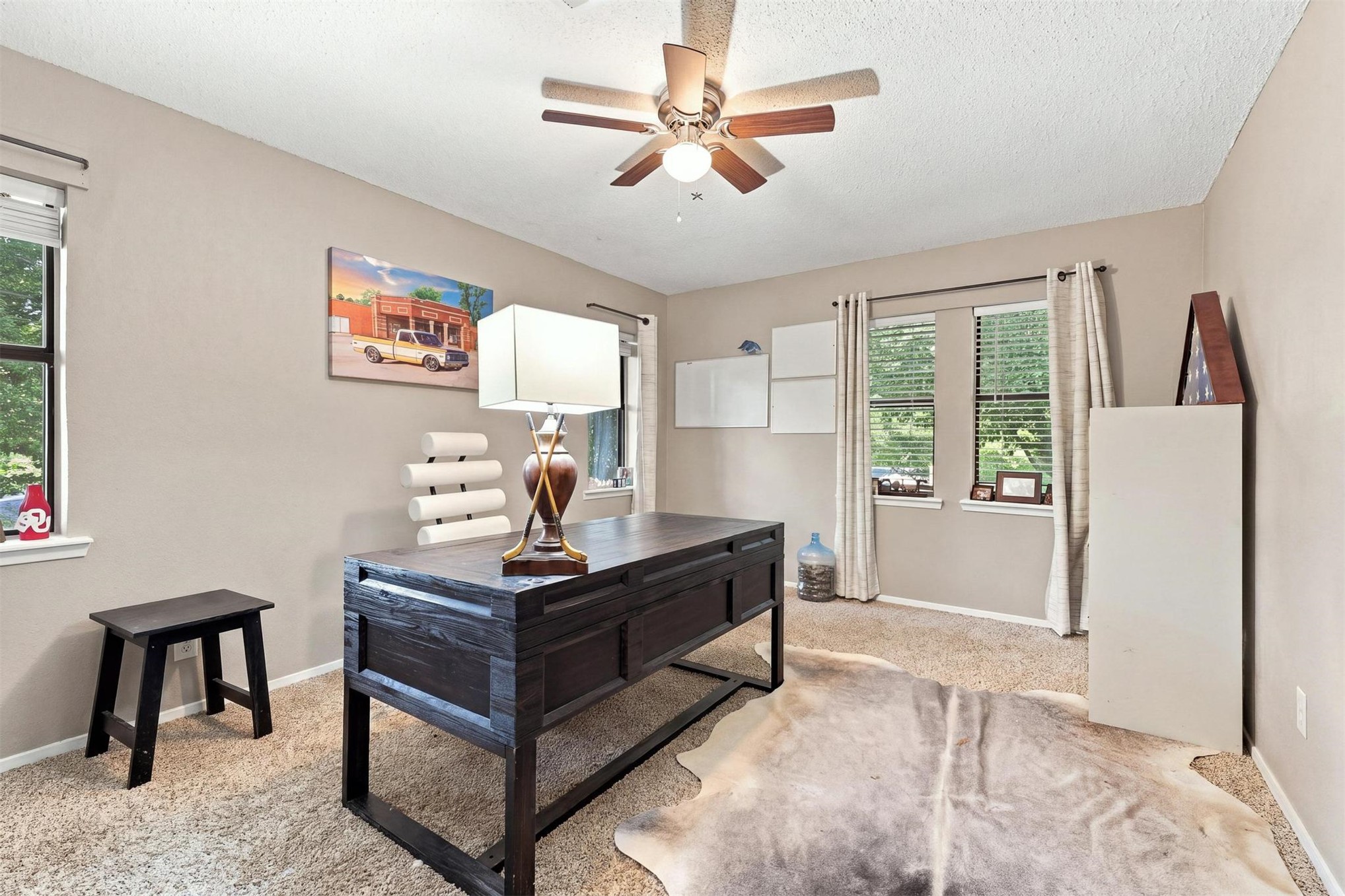 171 Woods Road Mead, OK 73449 - Photo 26 of 62 Recessed lighting, ceiling fan, carpeted flooring, and multiple windows with blinds