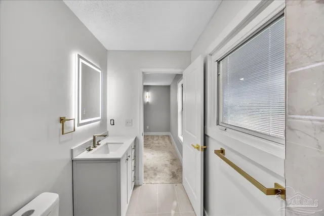 a bathroom with a sink and mirror with toilet