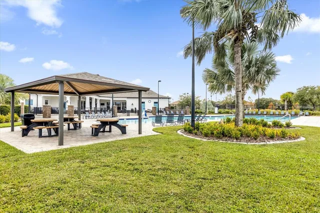 a swimming pool with outdoor seating and yard