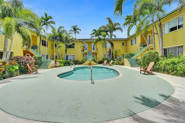 a view of a swimming pool with a patio