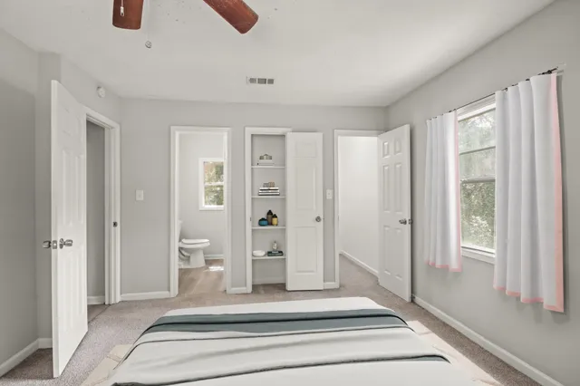 a spacious bathroom with a shower
