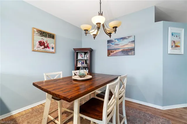 a view of a dining room with furniture