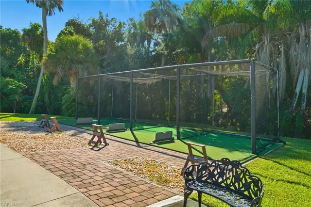 a garden view with a seating space