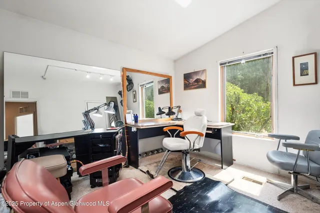 a living room with furniture a rug and a window