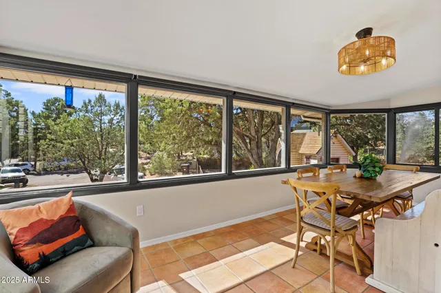 a view of a dining room with furniture window and outside view