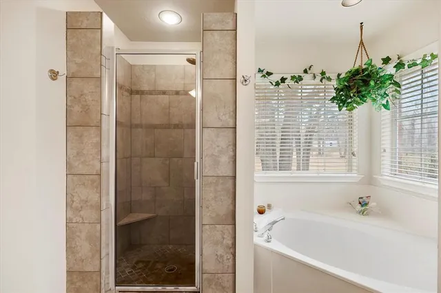 a bathroom with a bathtub and shower