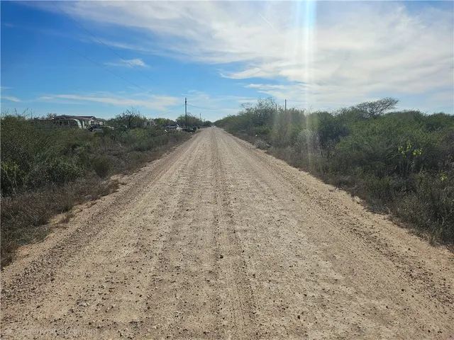 a view of a dry yard with mountains in the background