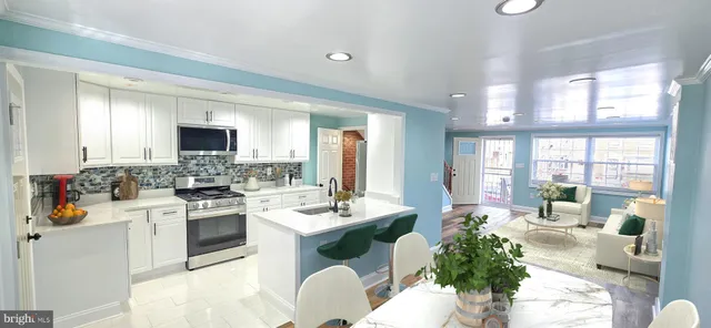 a large white kitchen with stainless steel appliances