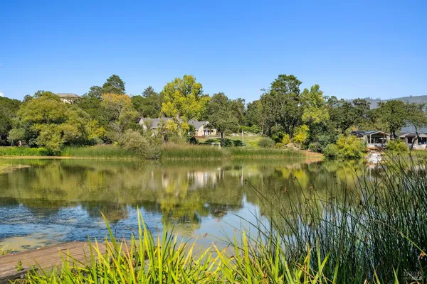 a view of a lake with houses in the background