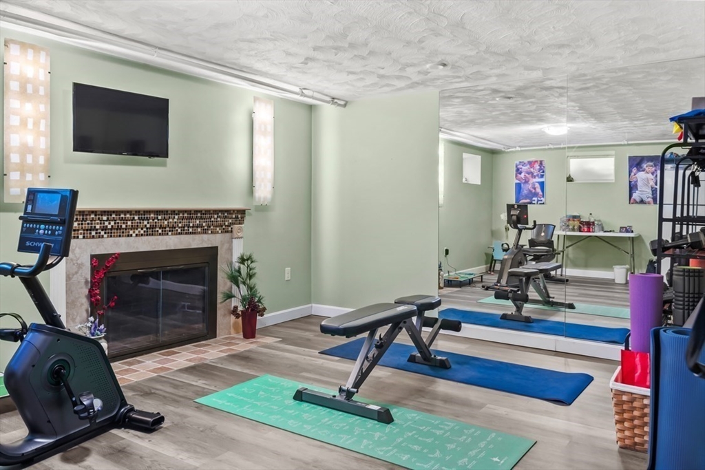 55 Wheeler Road Newton, MA 02459 - Photo 20 of 22 a living room with furniture a flat screen tv and a fireplace