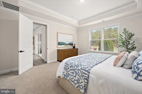 a bedroom with two beds and a large window